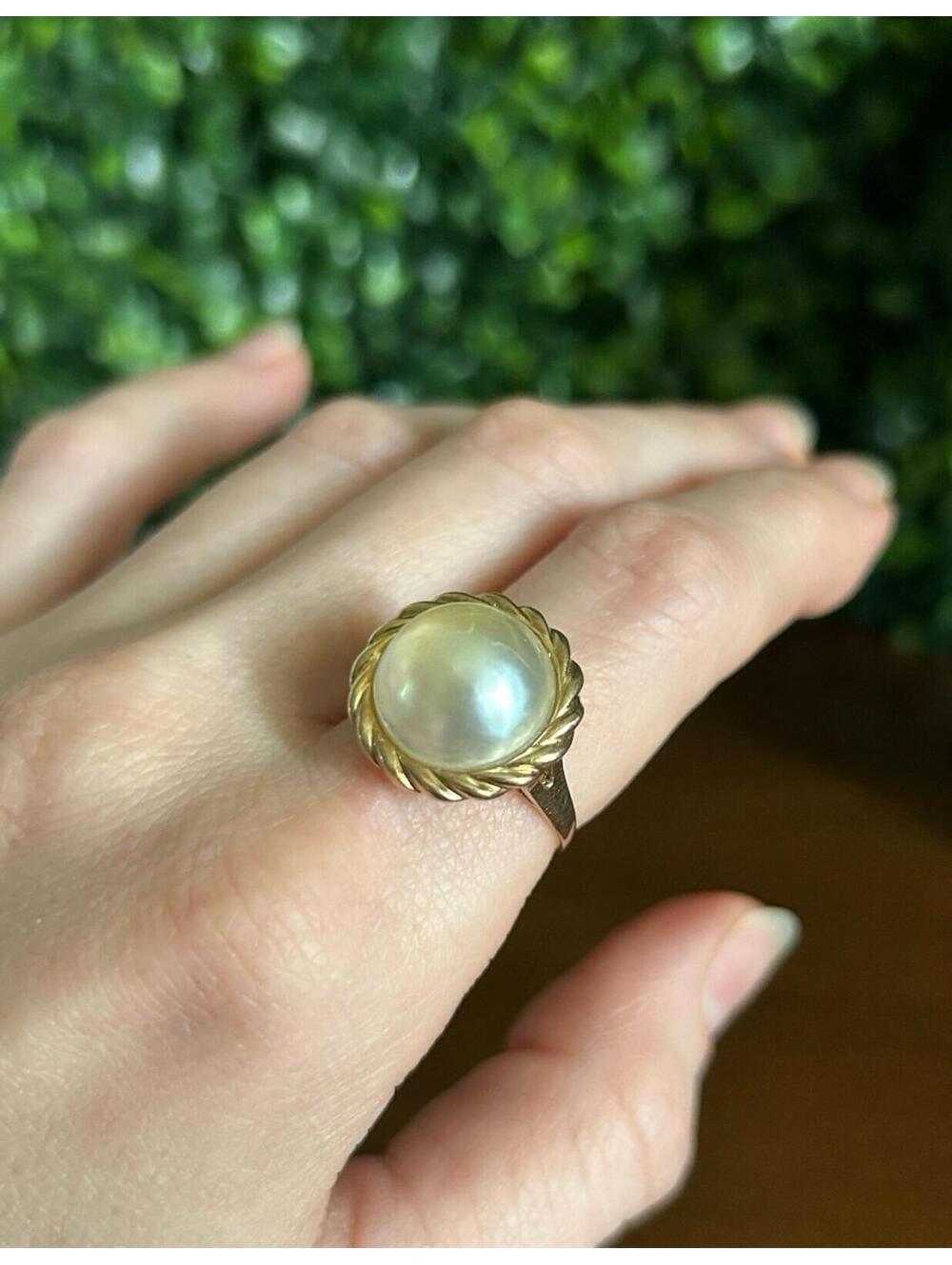 Vintage 14K Gold Pearl Ring Rope Halo Estate Ring Size 6.5